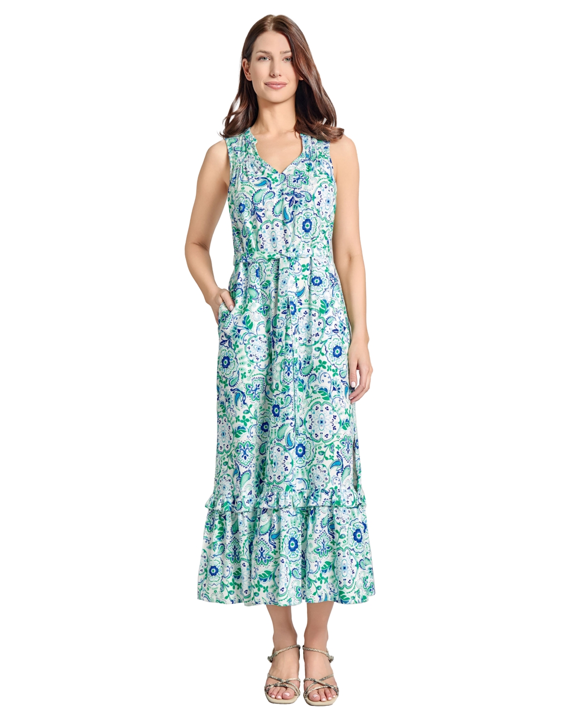 Shop Jones New York Women's Paisley-print Linen-blend Maxi Dress In Aqua Wave