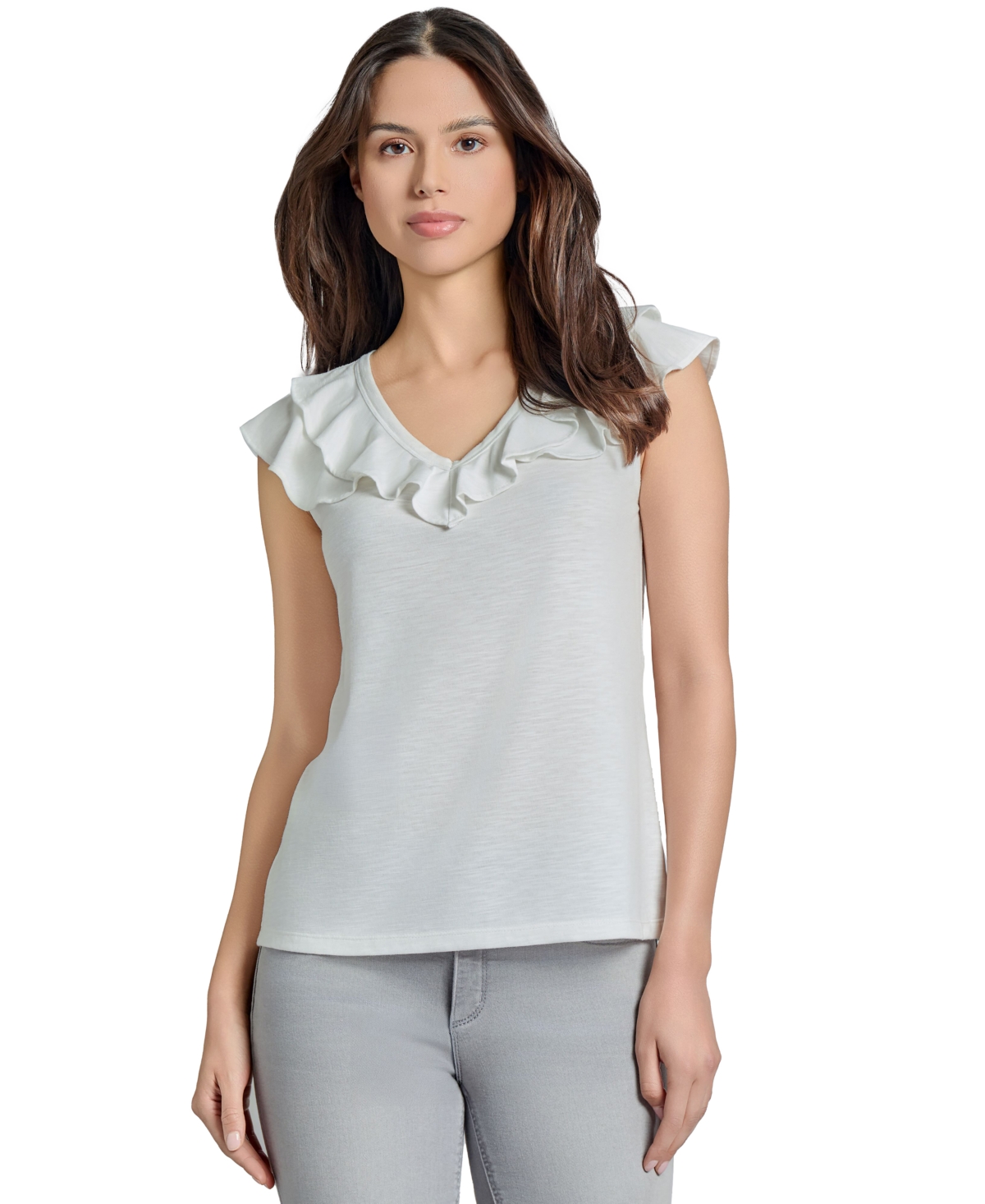 Jones New York Ruffle Neck Sleeveless Knit Top In Nyc White