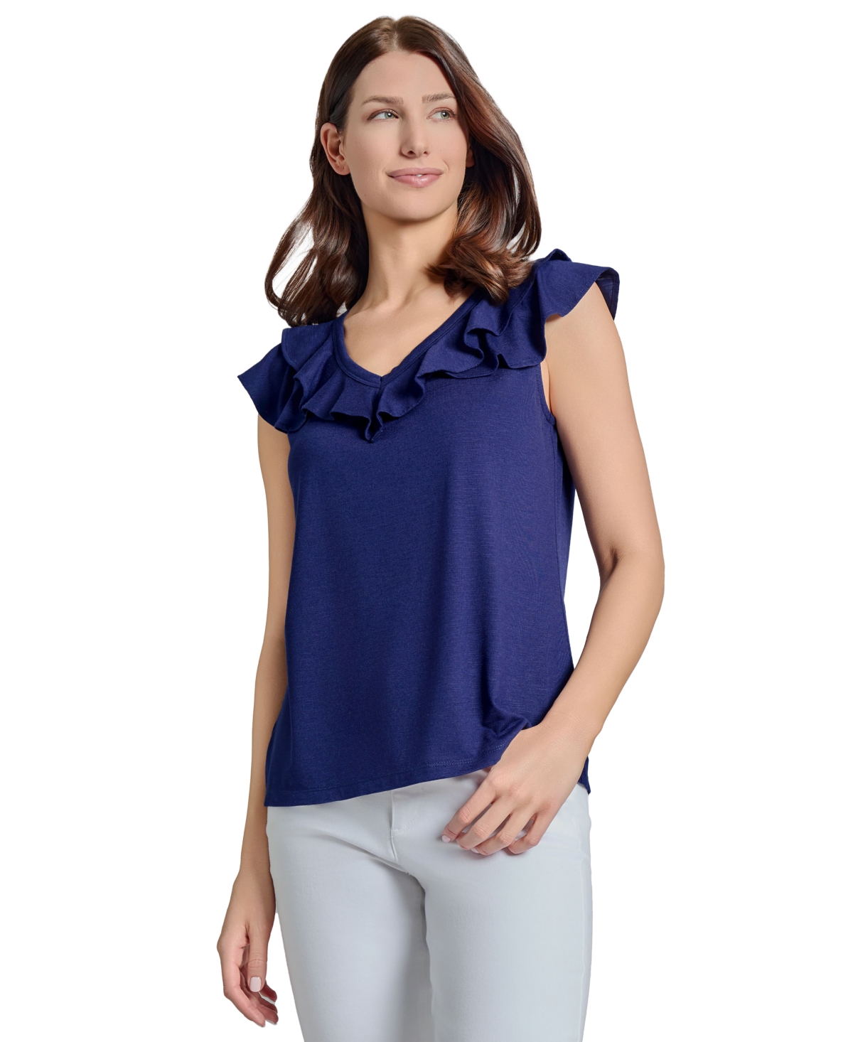 Women's Ruffled V-Neck Top - Pacific Navy