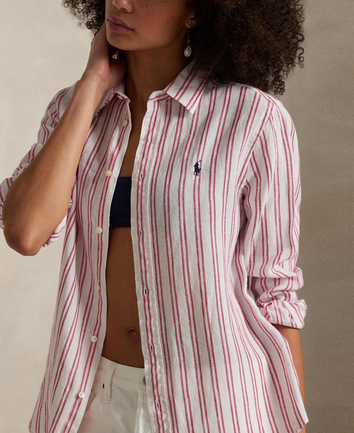 Polo Ralph Lauren Relaxed Fit Striped Linen Shirt Woman Shirt Beige Size Xl Linen In White,red