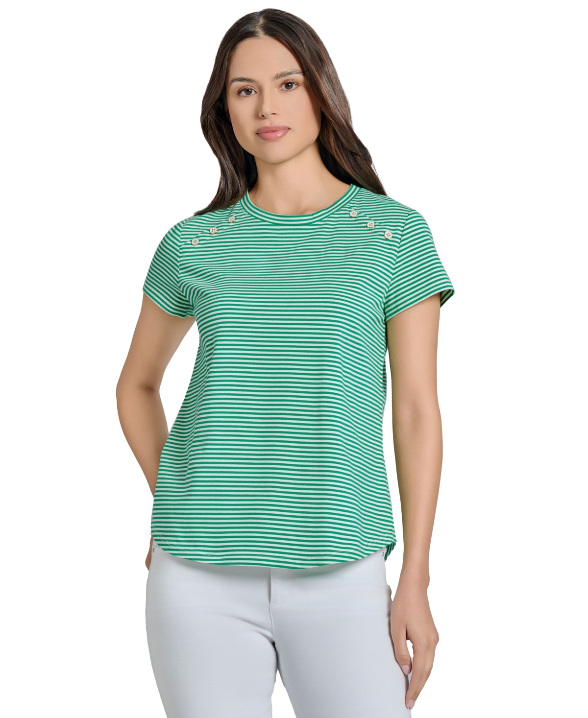 Women's Striped Button-Trim T-Shirt - Kelly / Nyc White