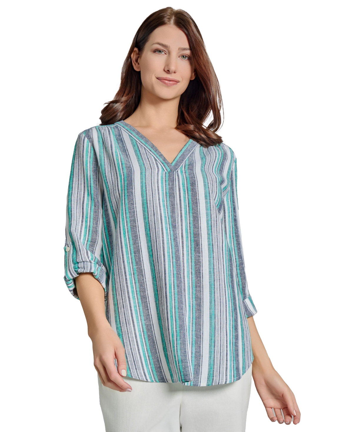Jones New York Stripe Linen Blend Popover Top In Nyc White,teal Multi
