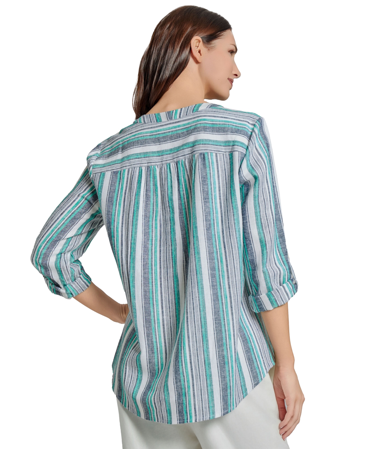 Jones New York Stripe Linen Blend Popover Top In Nyc White,teal Multi