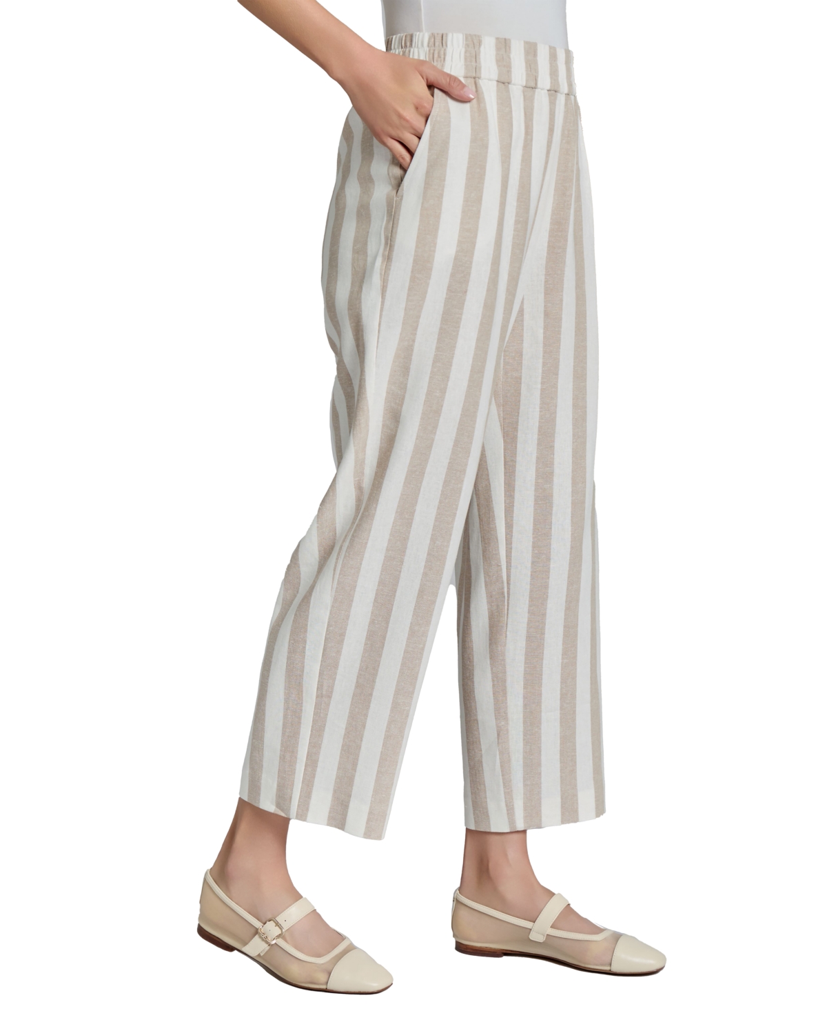 Jones New York Stripe Wide Leg Crop Linen Blend Pants In Natural Stone,jones White