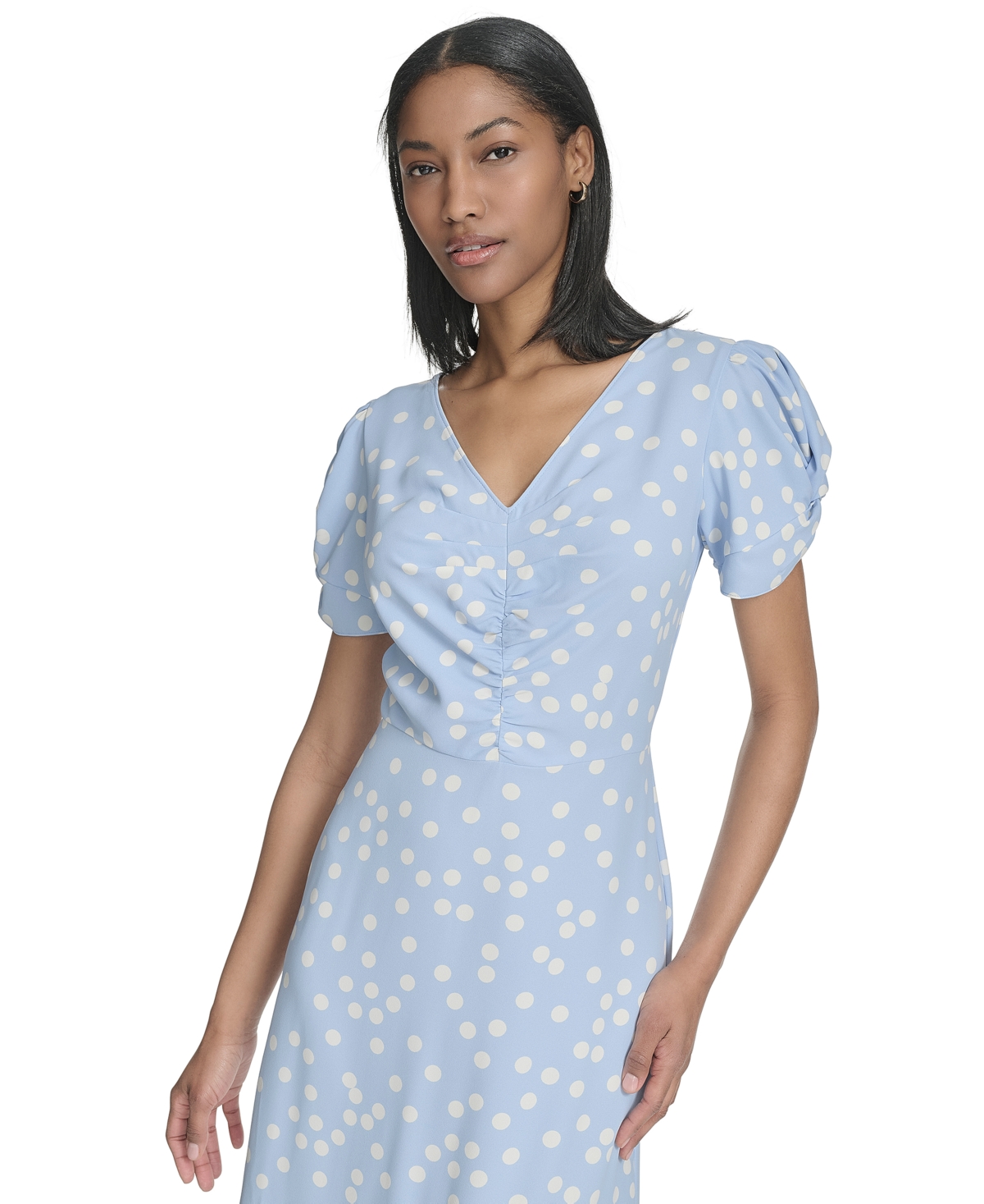HALSTON WOMEN'S DOT-PRINT RUCHED-FRONT MIDI DRESS 