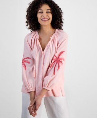Charter Club - Petite Linen Tie-Neck Embroidered-Sleeve Top