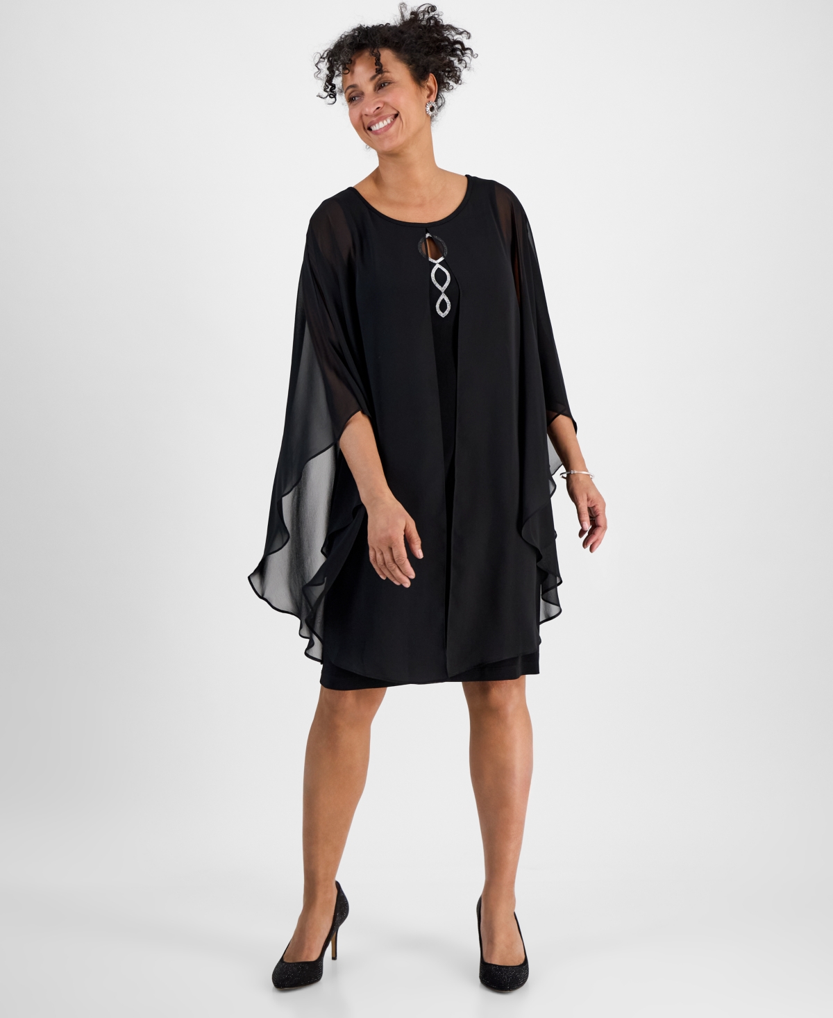 Women's Embellished Keyhole Chiffon Overlay Sheath Dress - Black