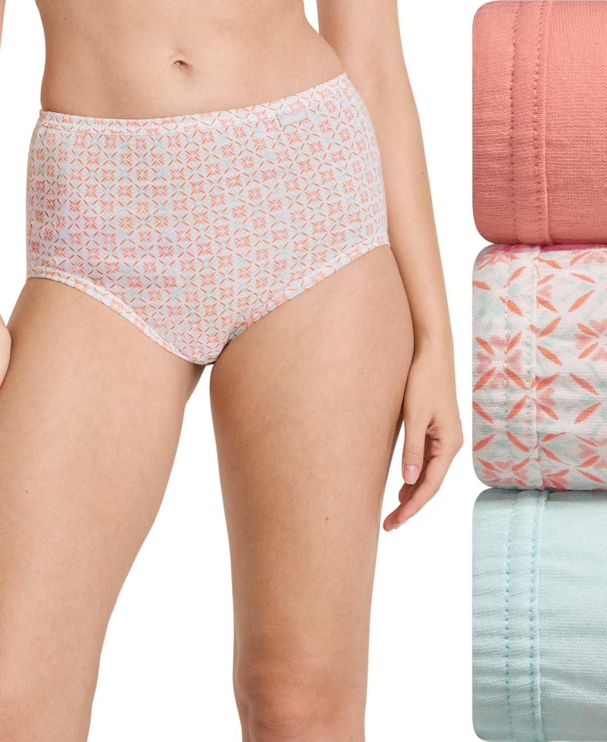 Jockey Elance Brief 3 Pack Underwear 1484, 1486 Extended Sizes In Paradise Peach,garden Geo Peach-print,ec