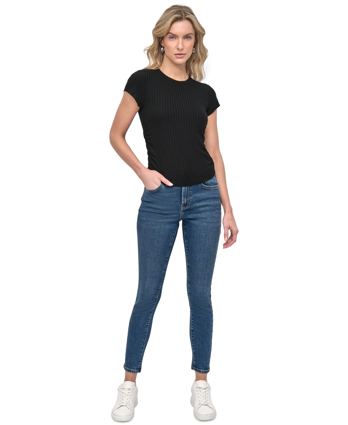 DKNY JEANS WOMEN'S RIBBED CAP-SLEEVE T-SHIRT 