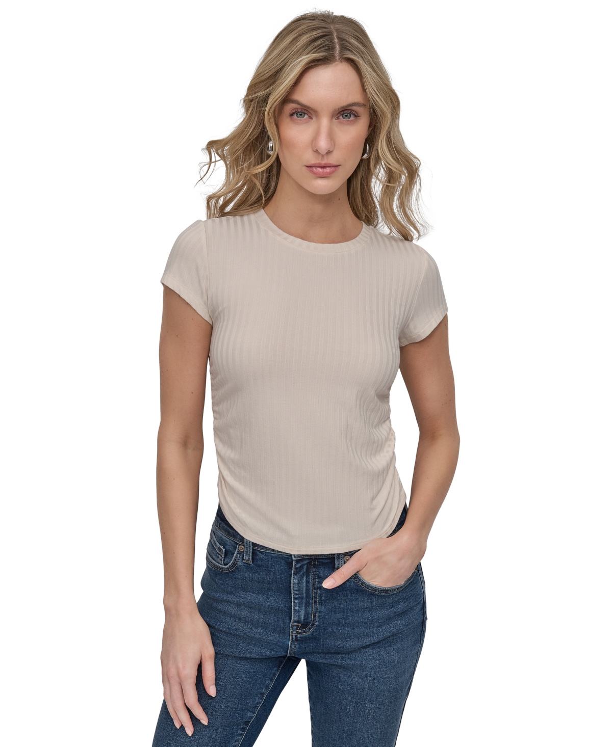 Shop Dkny Jeans Women's Ribbed Cap-sleeve T-shirt In En2 - Egg Nog