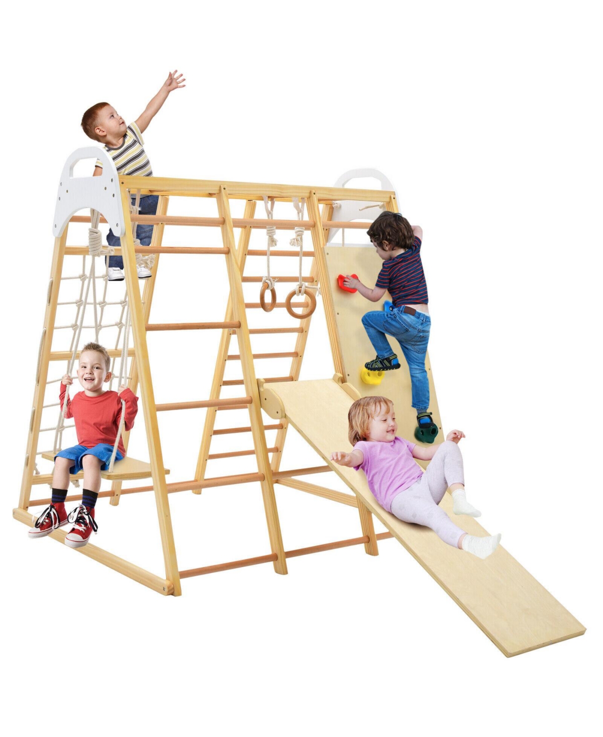 8-in-1 Wooden Jungle Gym Playset with Slide and Monkey Bars For Outdoor Play