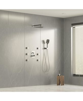 12" Rain Shower System with Body Jets, Wall-Mounted, Handheld, 3-Function Faucet Shower System
