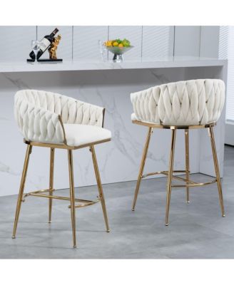 Set of 2 Counter Stools – 26" Velvet Upholstered with Hand-Wave Back, Metal Legs & Footrest