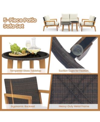 5 Piece Rattan Furniture Set w/ Wicker Woven Sofa Set & Solid Acacia Wood Frame