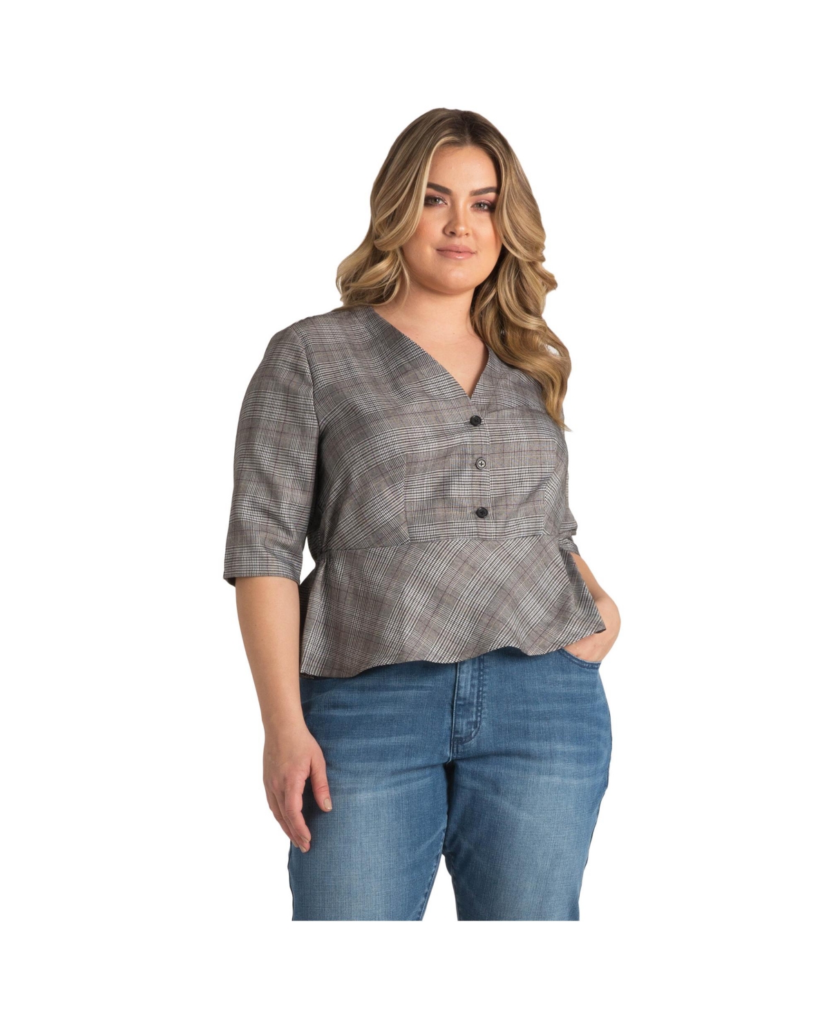 Plus Size Women's Peplum Plaid Jacket - Grey plaid