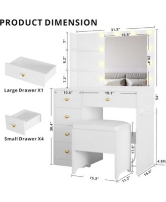 Vanity Desk with Mirror and Lights, Small Makeup Vanity Table with 5 Drawers