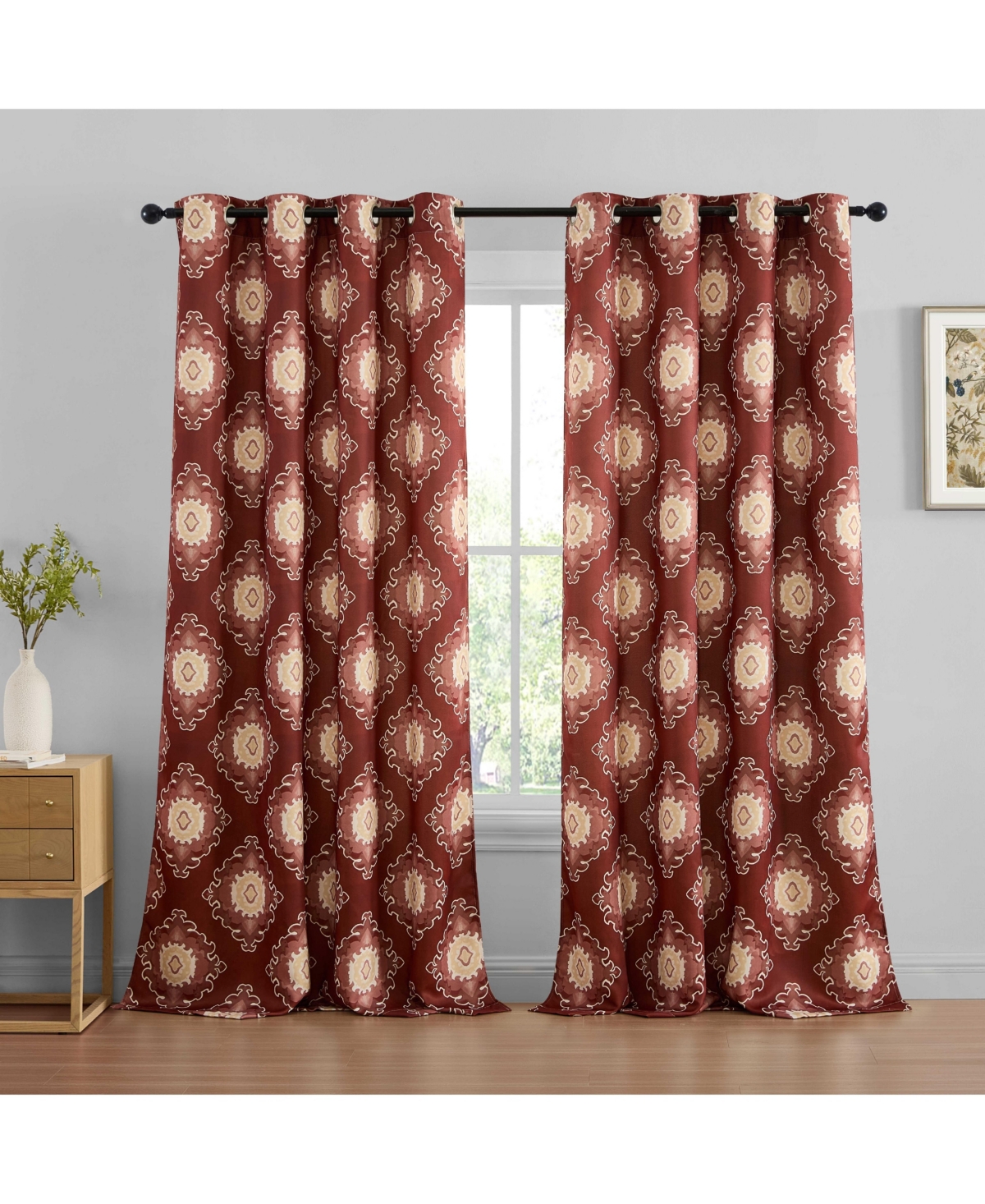 Hlc.me Liam Ogee Ikatt Damask Patterned Window Grommet Curtains Bedroom - Light Blocking Darkening Window Panels, Set of 2 (Spice Red