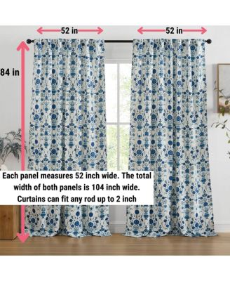 Clara Floral Damask Patterned Window Back Tab Rod Pocket Curtains Bedroom - Light Blocking Darkening Window Panels, Set of 2 (Blue, 52 W x 84 L)
