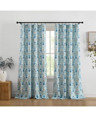 Clara Floral Damask Patterned Window Back Tab Rod Pocket Curtains Bedroom - Light Blocking Darkening Window Panels, Set of 2 (Blue/Yellow, 52 W x 96 L)