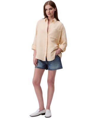 売れ筋商品|||カルバンクライン カットソー トップス レディース Women's Double Gauze Roll-Tab-Sleeve Button-Down Shirt Brazilian Sand Calvin Klein Jeans Women's Double Gauze Roll-Tab-Sleeve