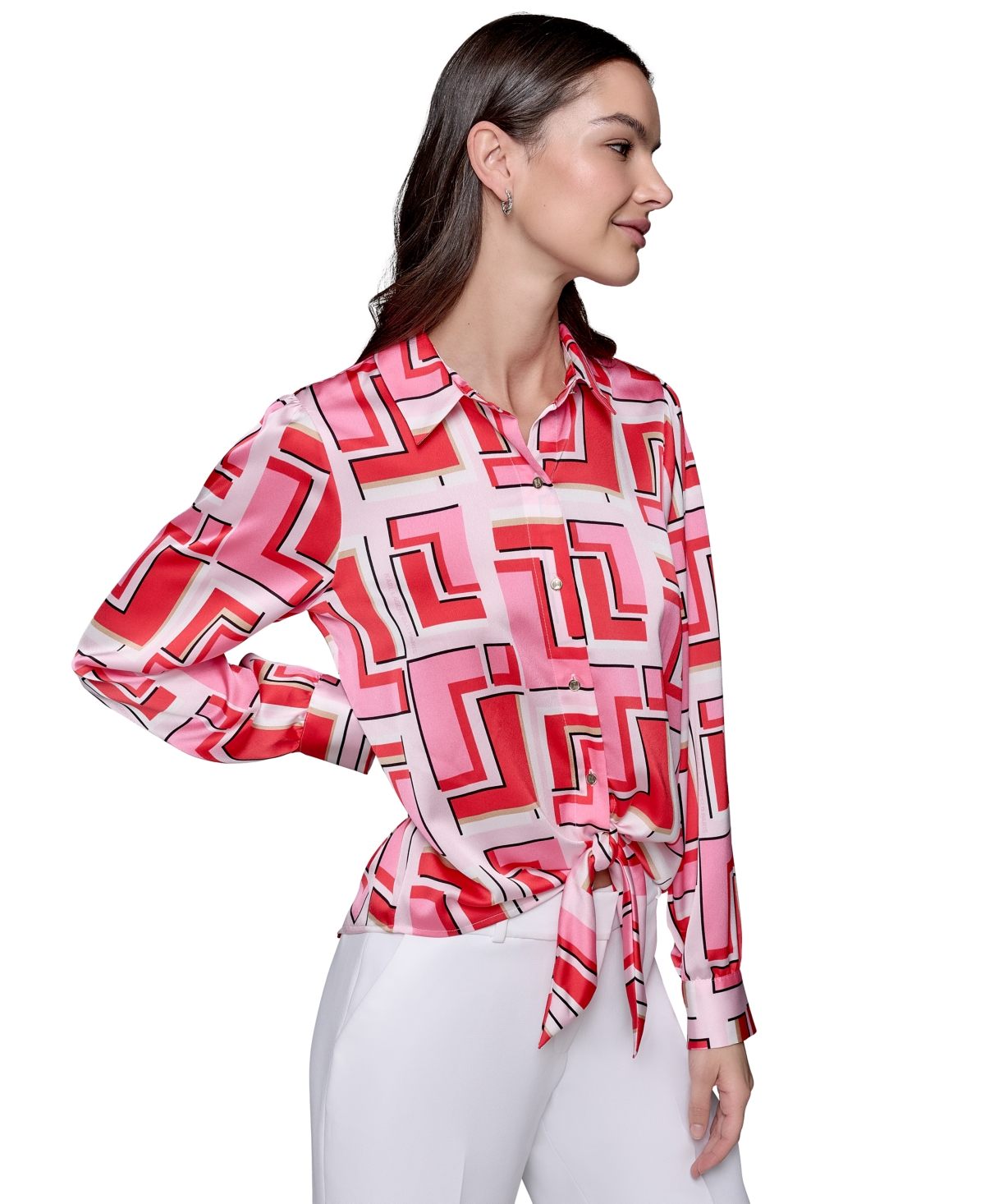 Shop Karl Lagerfeld Women's Geo-print Tie-front Top In Parfait Pink