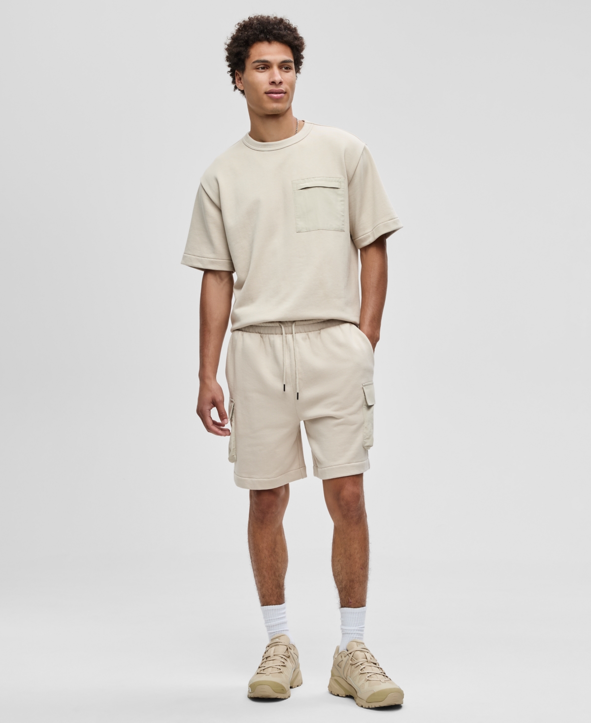 Men's Regular-Fit Printed 7" French Terry Cargo Shorts, Exclusively at Macy's - Dark Ecru