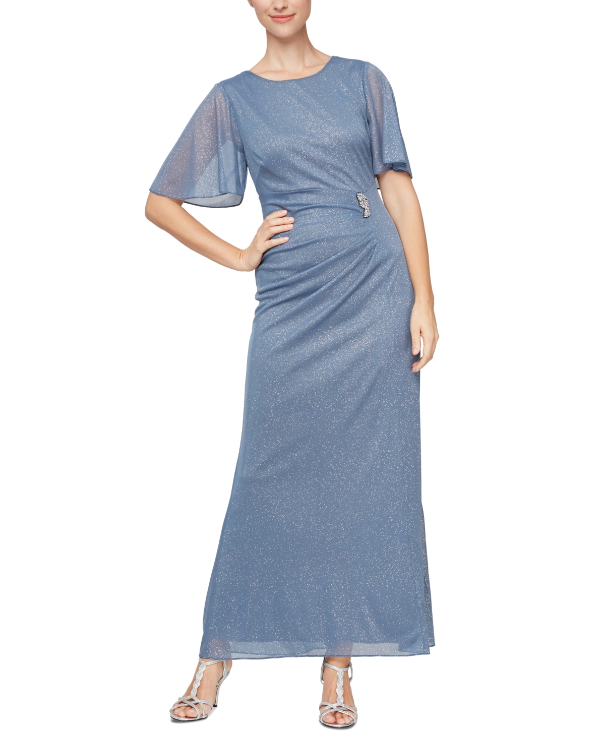 Petite Glitter Mesh Embellished Ruched Gown - Dusty Blue