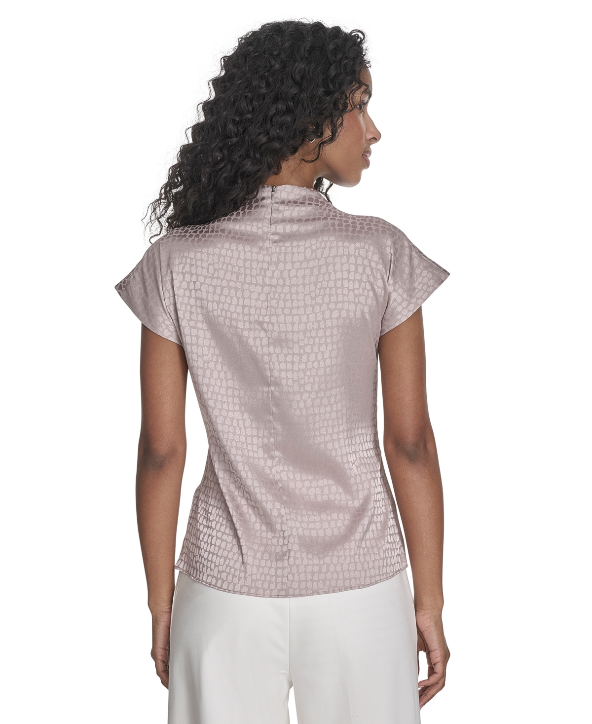 Calvin Klein Women's Jacquard Mock Neck Short-sleeve Top In Soft Taupe,soft Taupe