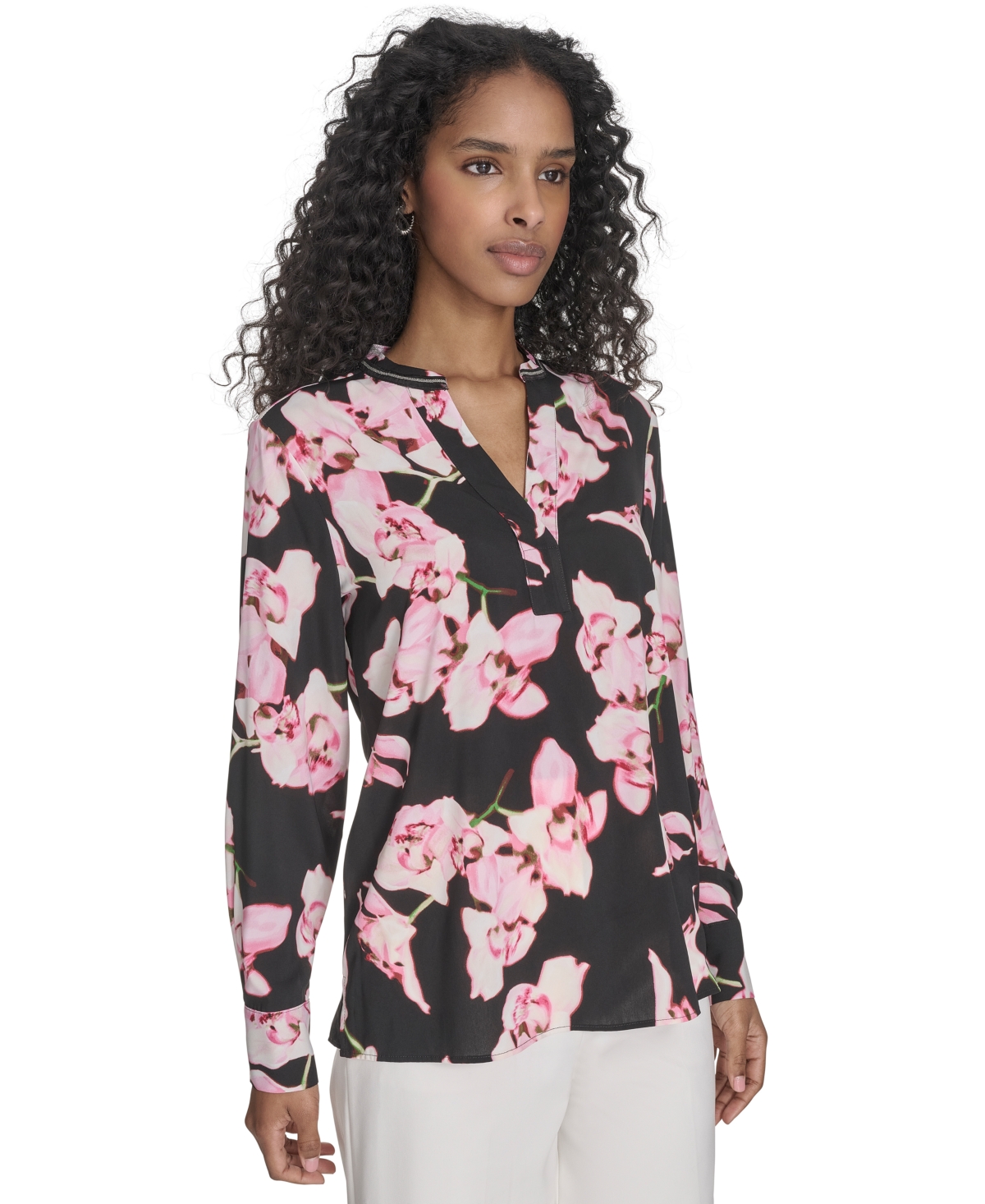 Calvin Klein Women's Printed Split-neck Long-sleeve Shirt In Black Multi