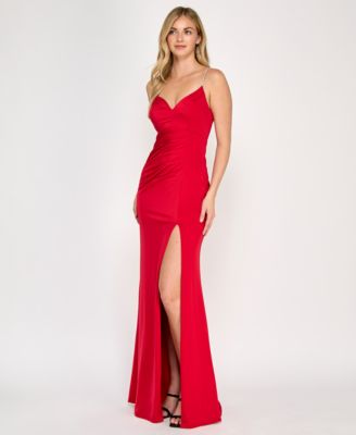 Juniors' Rhinestone Lace-Up-Back Satin Gown