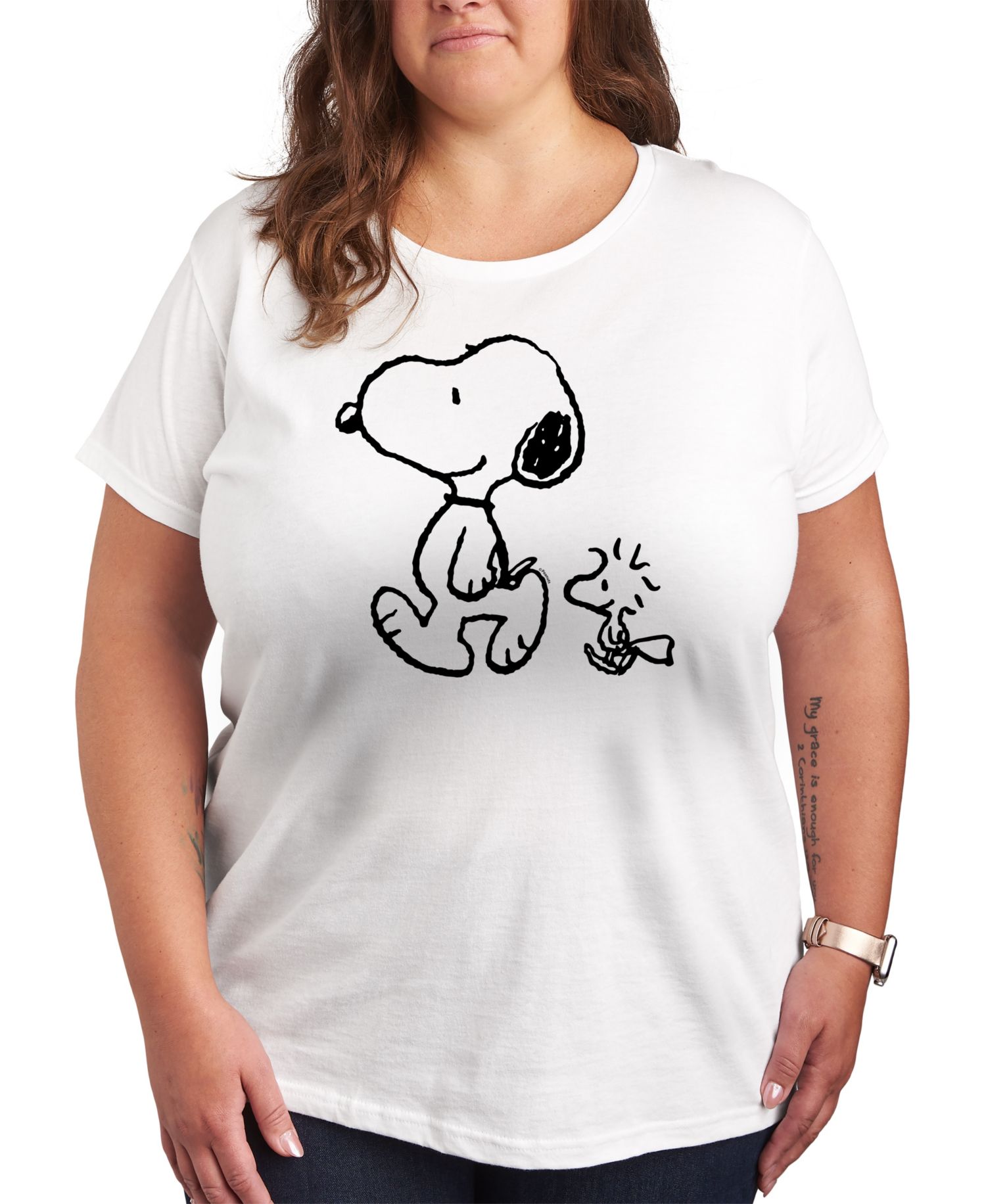 Trendy Plus Size Peanuts Snoopy Woodstock Walk Graphic Crew Neck T-Shirt