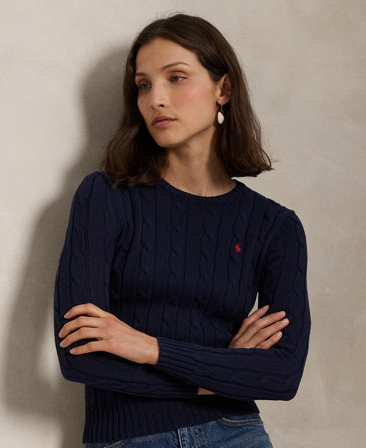 Polo Ralph Lauren Cropped Cable Knit Sweater With Logo In Hunter Navy