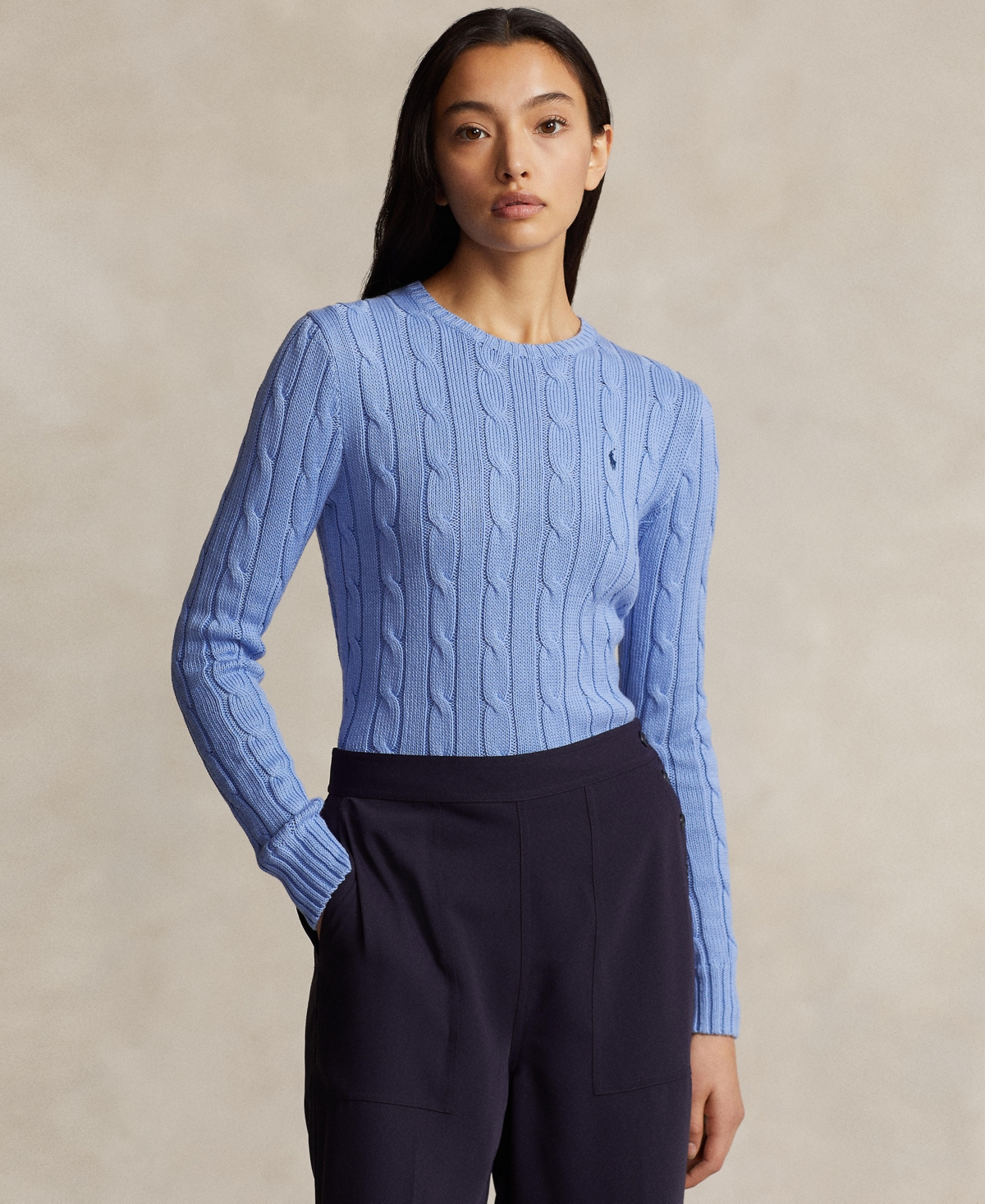 Shop Polo Ralph Lauren Women's Cable-knit Cotton Crewneck Sweater In New Litchfield Blue