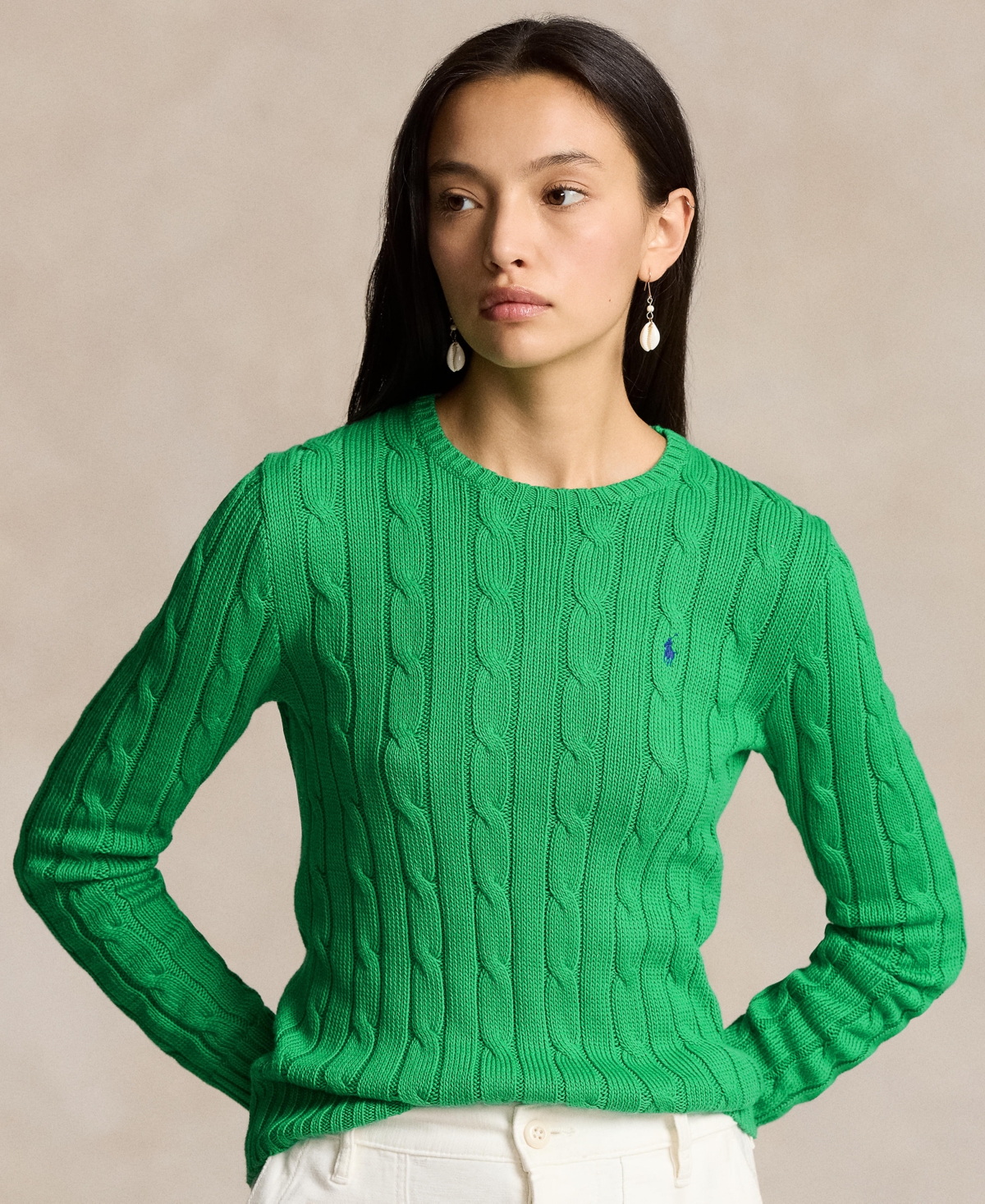 Shop Polo Ralph Lauren Women's Cable-knit Cotton Crewneck Sweater In Preppy Green