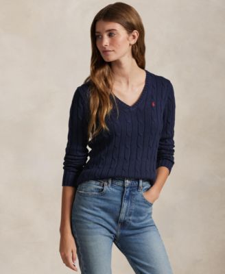Women's Cable-Knit Cotton V-Neck Sweater
