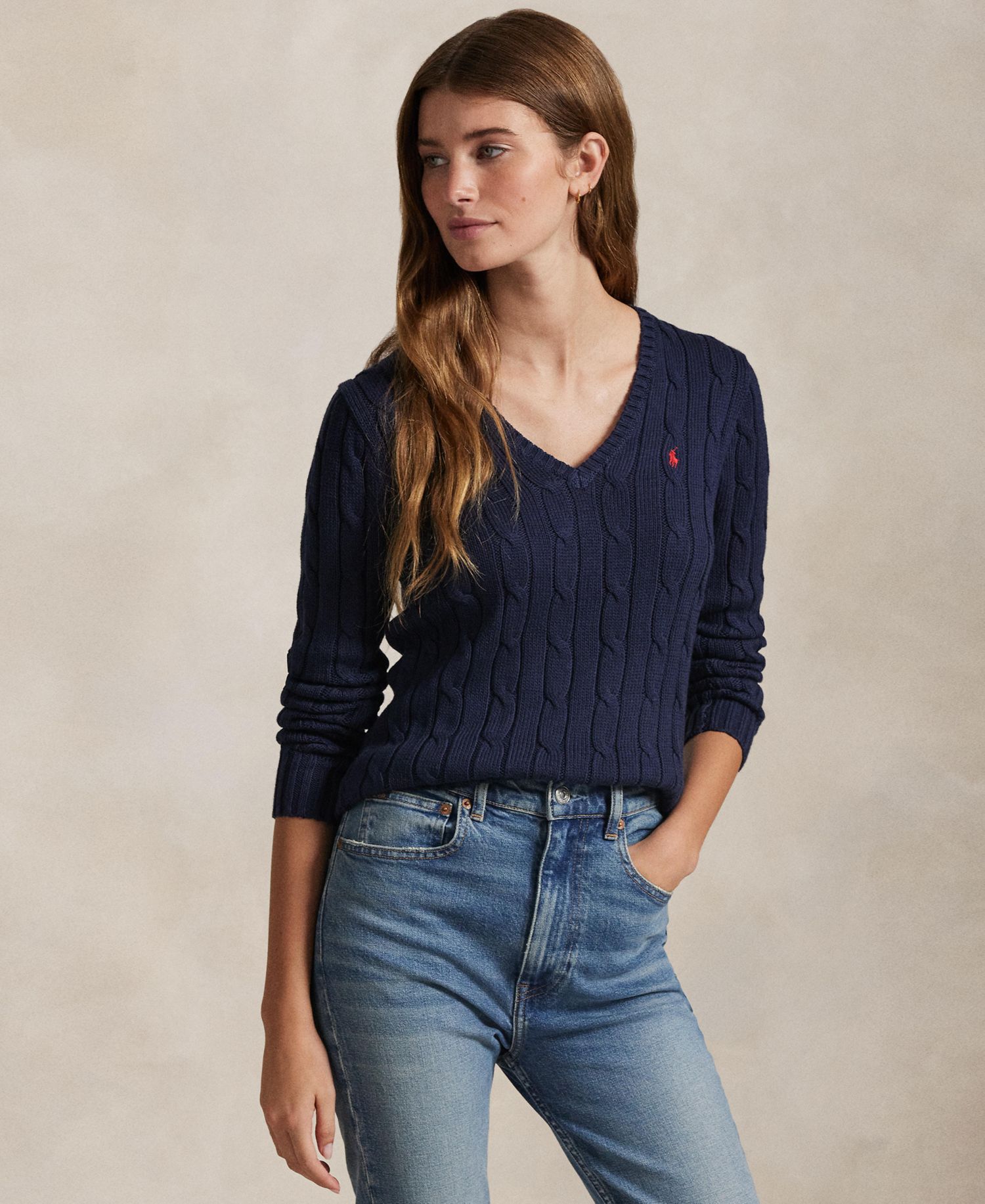 Women's Cable-Knit Cotton V-Neck Sweater
