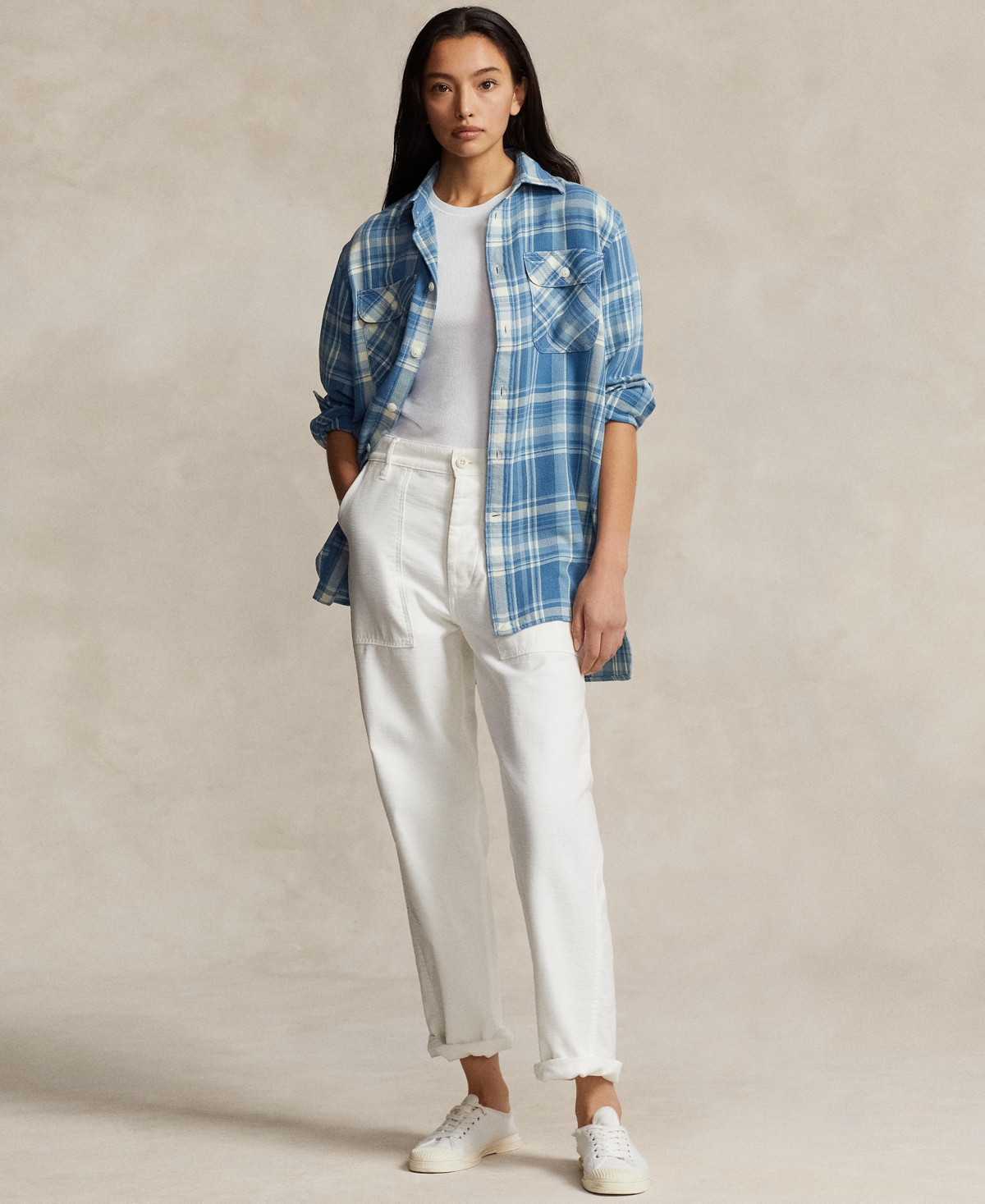 Shop Polo Ralph Lauren Women's Plaid Cotton Twill Workshirt In Blue,white Multi Plaid