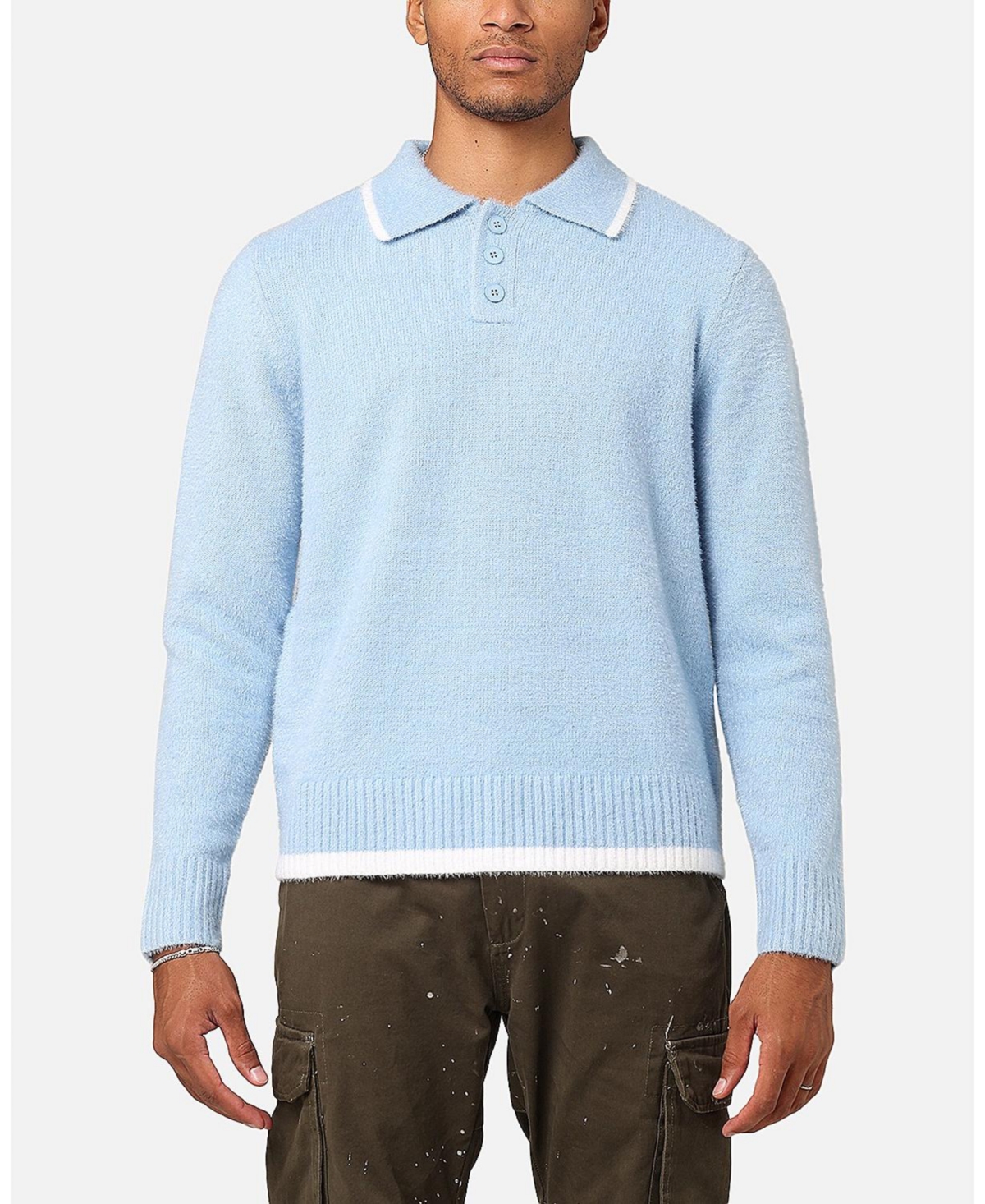 Men's Fluffy Long Sleeve Polo Shirt - Blue