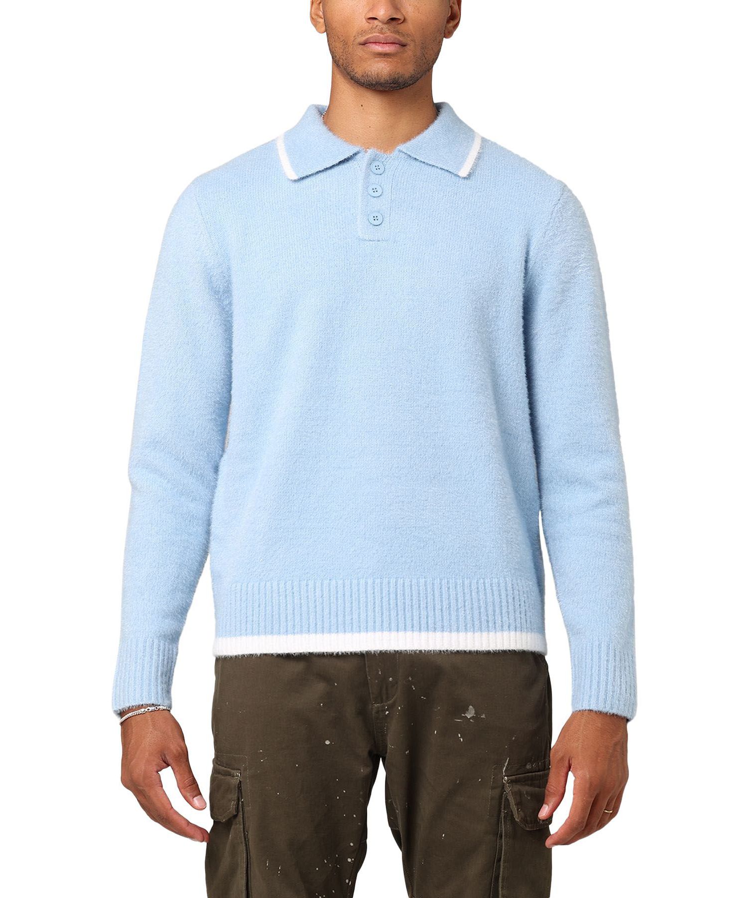 Men's Fluffy Long Sleeve Polo Shirt- Blue, 2XL