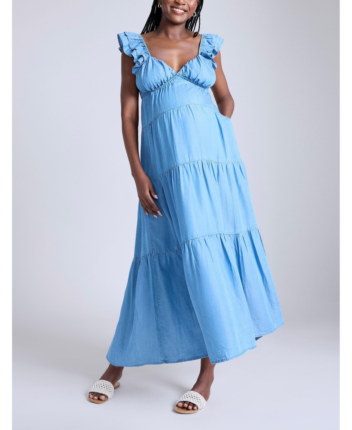 Maternity Motherhood Babydoll Ruffle Sleeve Maxi Dress - Chambray