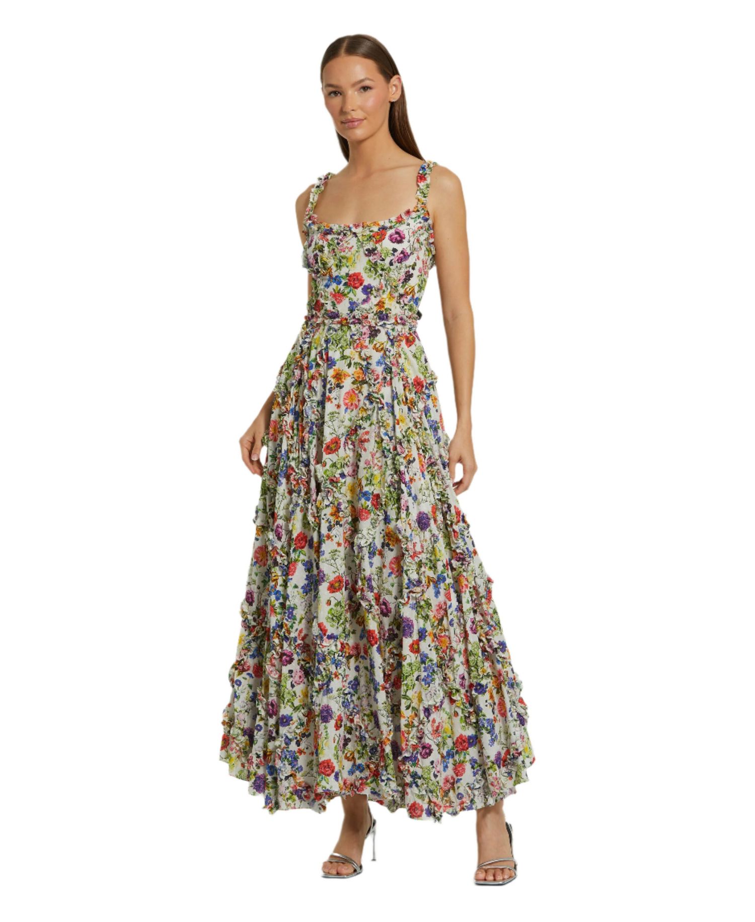 Women's Ruffle Floral Sweetheart Neck Gown