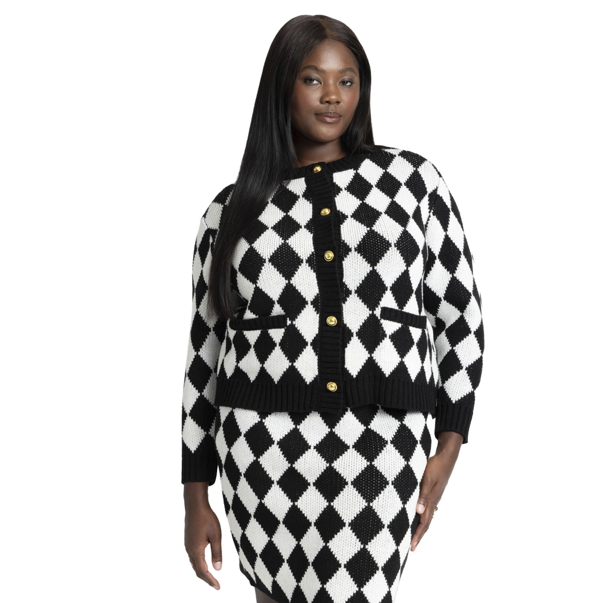 Plus Size Knit Tweed Jacket - Diamond check