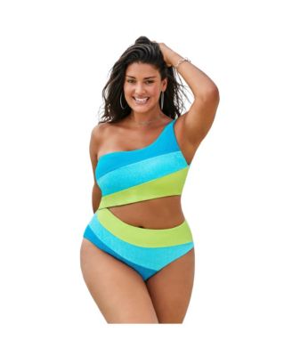 Women's One Shoulder Color Block Cutout One Piece Swimsuit