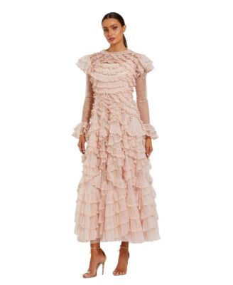 Women's Dot Net Double Ruffle Trim High Neck Ankle Dress