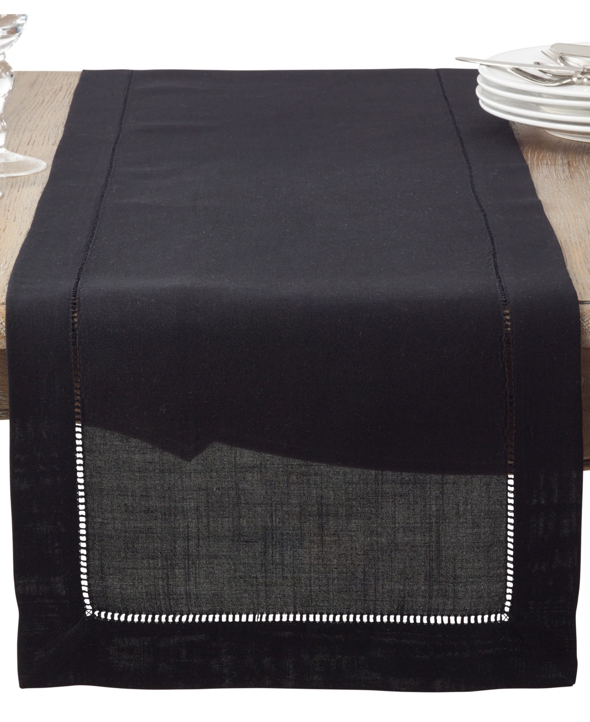 Saro Lifestyle Hemstitched Border Table Runner, 16" X 54" In Black