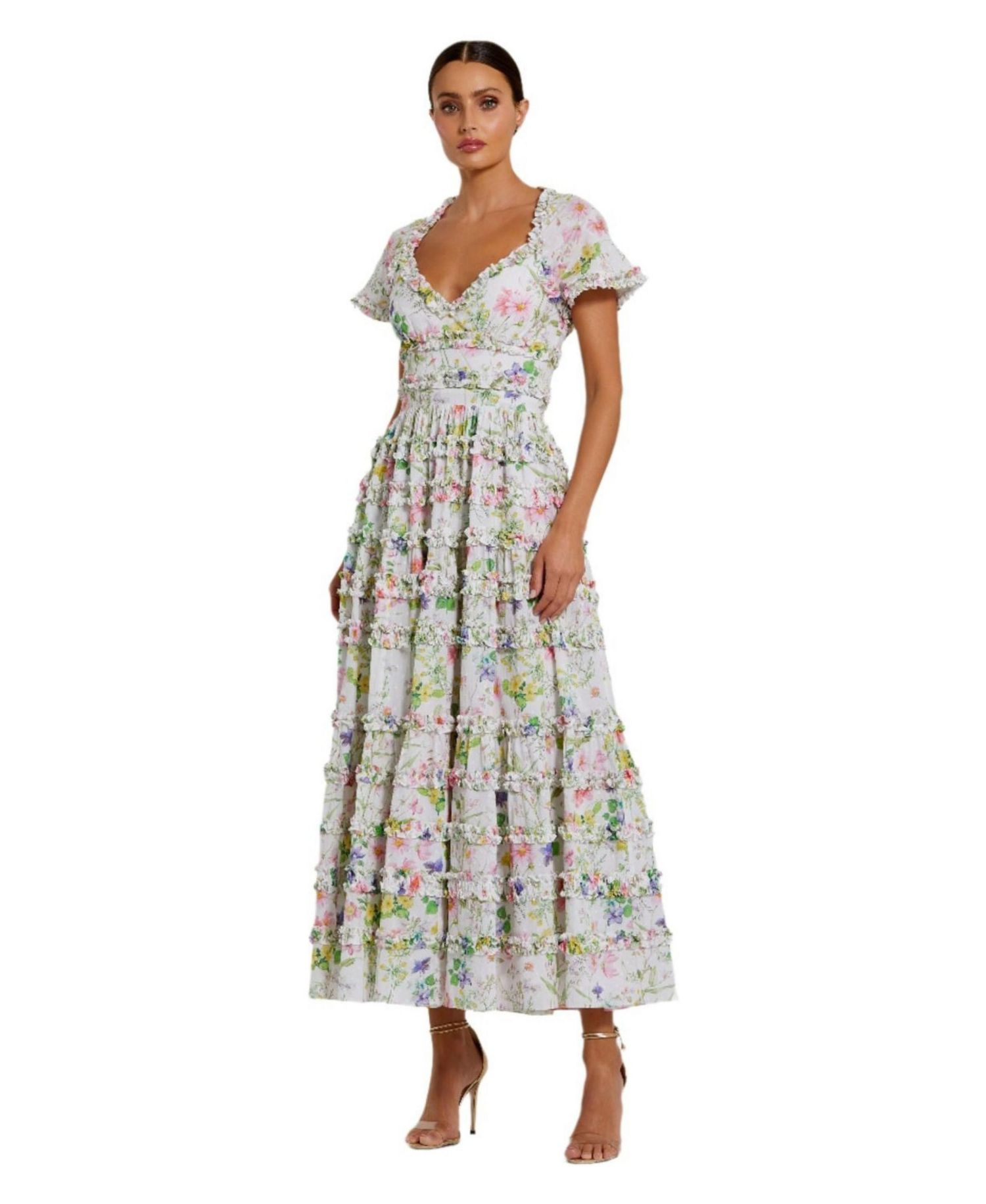 Women's Cap Sleeve V Neck Open Back Floral Cotton Dress
