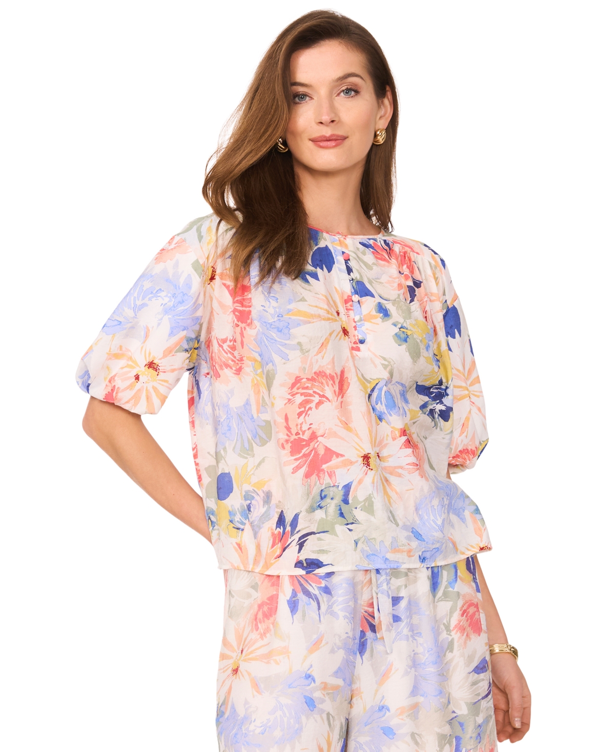 Vince Camuto Women's Floral-Print Puff-Sleeve Top