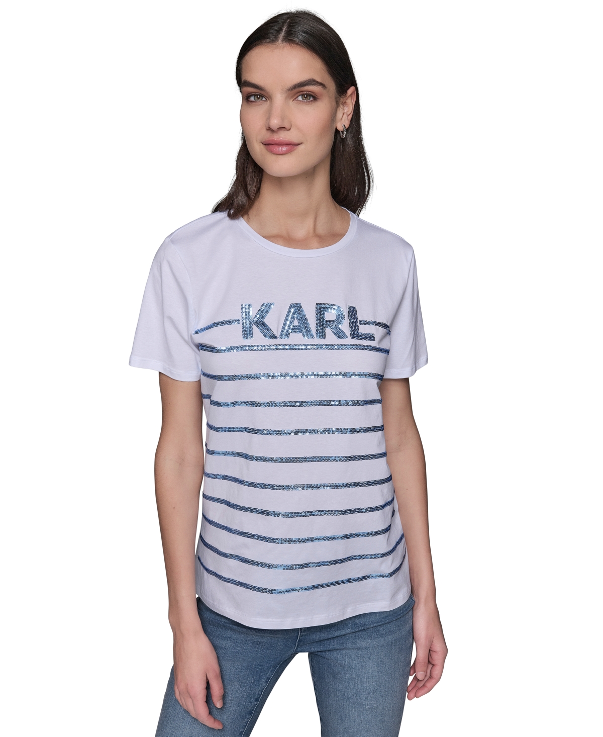 Karl Lagerfeld Women's Embellished Stripe Crewneck Tee In White  Blue