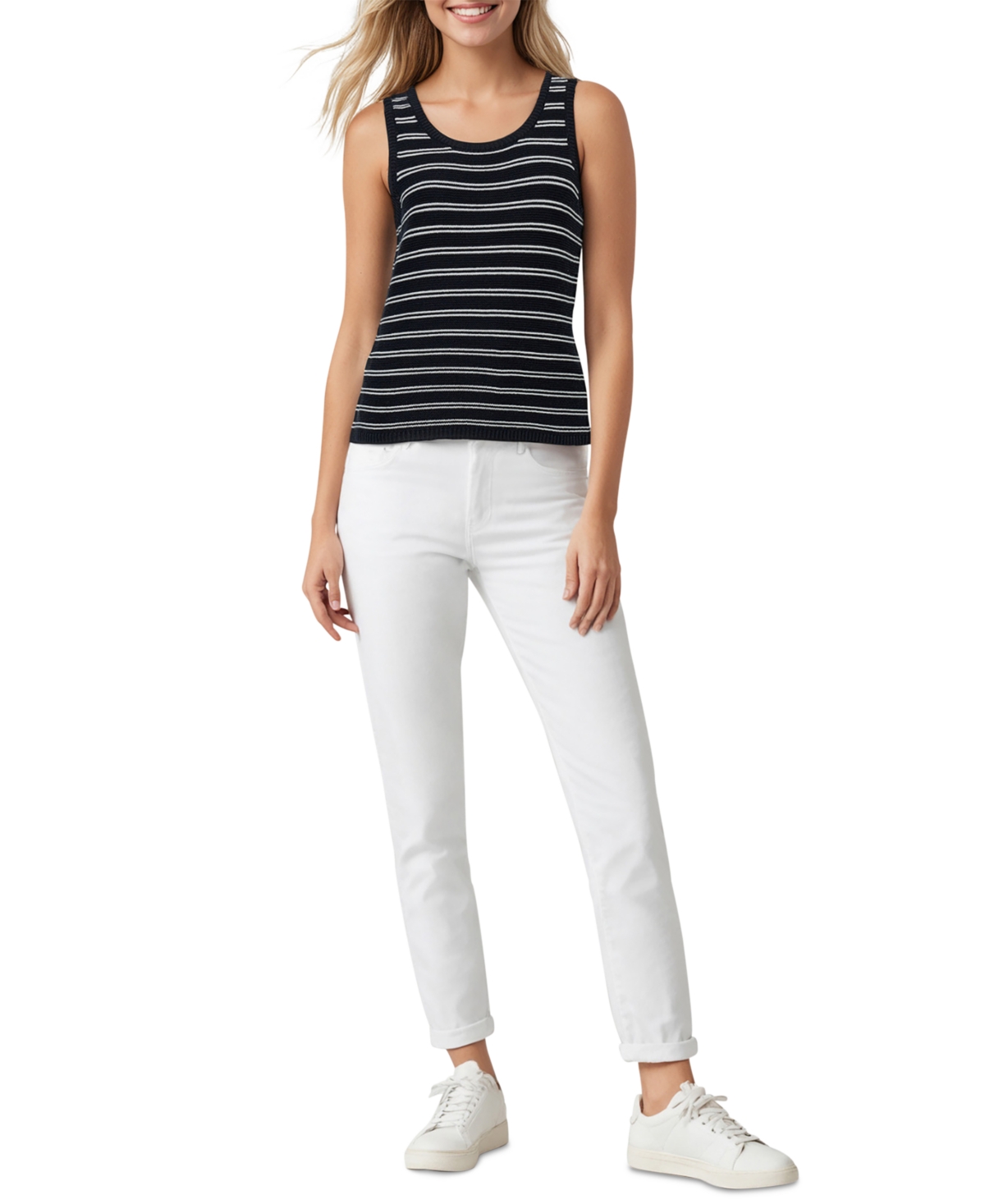 Three Dots Women's Olive Striped Sleeveless Knit Top In Black Beauty,sugar Swizzle