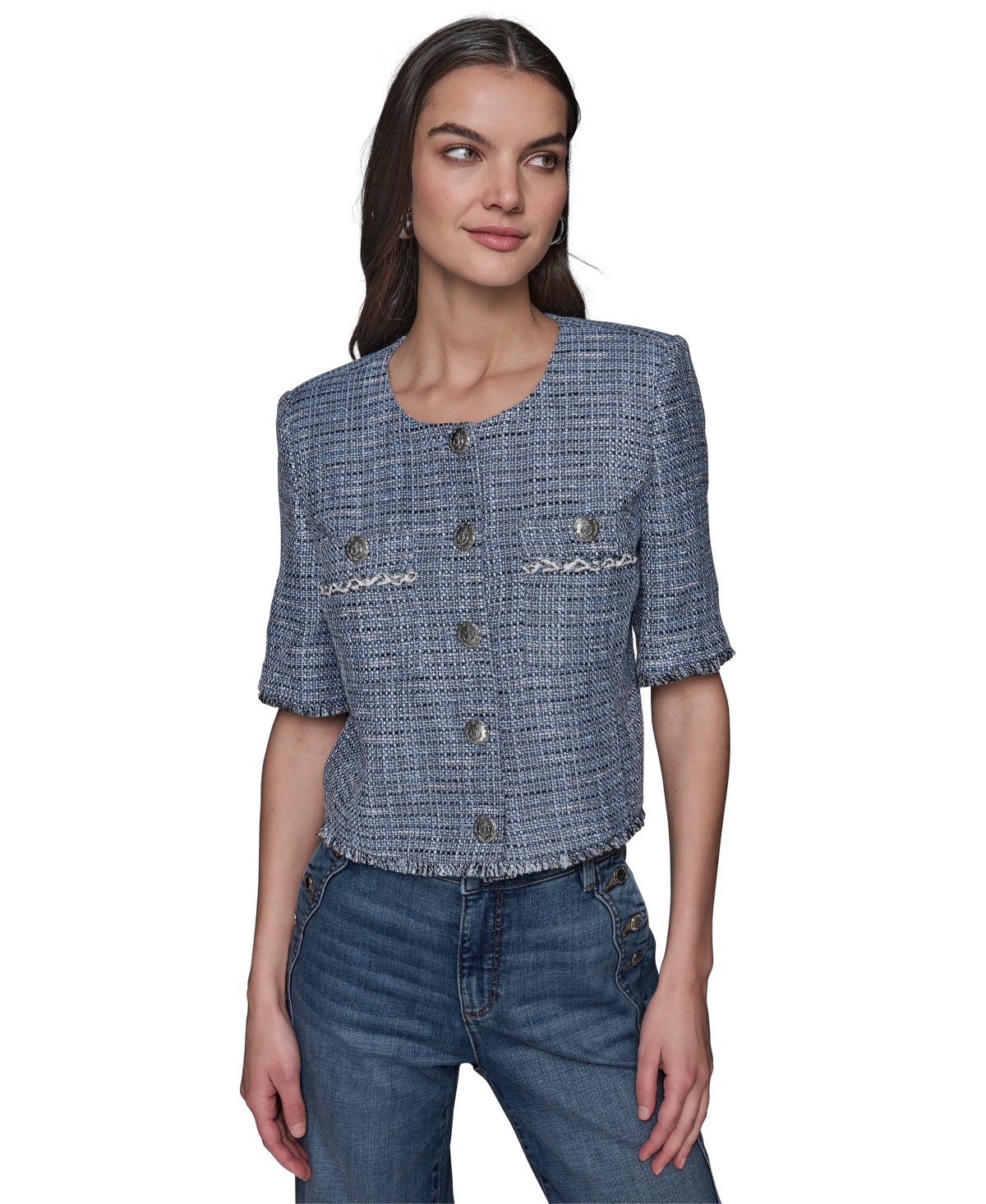 Shop Karl Lagerfeld Women's Fringe-trim Short-sleeve Tweed Jacket In Chambray Blue